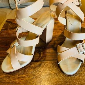 Brookes Brothers tan strap sandle with heel.